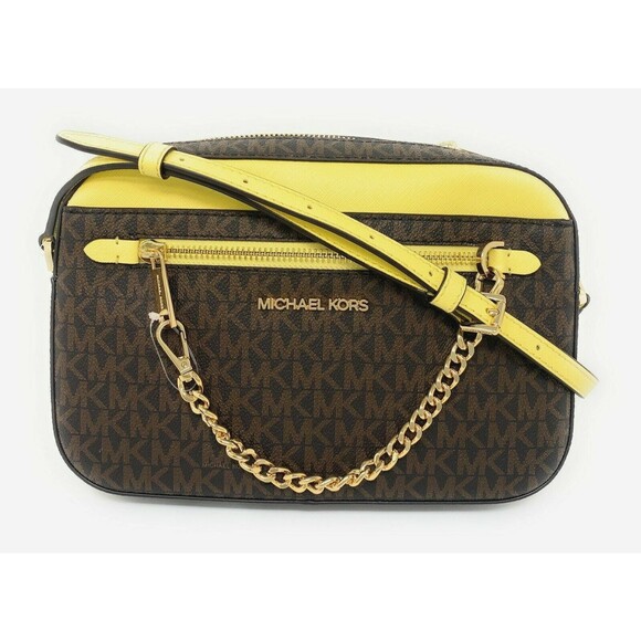 New Michael Kors Jet Set Large Zip Chain Crossbody Brown / Buttercup - Picture 1 of 6